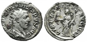 Philip I, AD 244-249. AR Antoninianus (21mm, 3.92g). Rome. IMP M IVL PHILIPPVS AVG, radiate, draped and cuirassed bust right / LIBERALITAS AVGG II, Li...