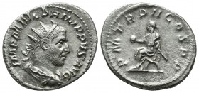 Philip I, AD 244-249. AR Antoninianus (23mm, 4.00g). Radiate bust right / Philip seated left, holding globe and sceptre. RIC.2(b).