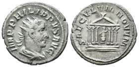 Philip I, AD 249. AR Antoninianus (21mm, 3.45g). Rome. IMP PHILIPPVS AVG, radiate, draped and cuirassed bust right / SAECVLVM NOVVM, Hexastyle temple ...
