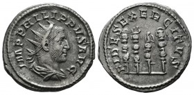 Philippus Arabs, AD 244-249. AR Antoninianus (22mm, 3.93g). Rome. IMP PHILIPPVS AVG, Radiate, draped and cuirassed bust right / FIDES EXERCITVS, Aquil...