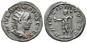 Philippus II, AD 247-249. AR Denarius (20mm, 4.07g). Rome. M IVL PHILPPVS CAES, radiate draped and cuirassed bust right / PRINCIPI IVVENT, Philip II, ...