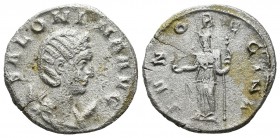 Salonina, AD 254-268. AE Antoninianus (20mm, 2.96g). SALONINA AVG, diademed, draped bust right, on crescent / IVNO REGINA, Juno standing left, holding...
