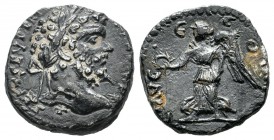 Septimius Severus, AD 193-211. AR Denarius (15mm, 2.96g). Rome. L SEPT SEV PERT AVG IMP X, laureate head right / VICT AVGG COS II P P , Victory advanc...