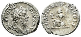 Septimius Severus, AD 193-211. AR Denarius (19mm, 3.22g). Rome. SEVERVS PIVS AVG, laureate head right / RESTITVTOR VRBIS, Roma seated left on shield, ...