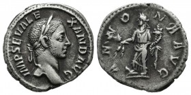 Severus Alexander, AD 222-235. AR Denarius (18mm, 2.93g). Rome. IMP SEV ALEXAND AVG, laureate head right, with drapery on left shoulder / ANNONA AVG, ...