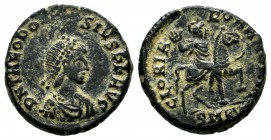 Theodosius I. AD 379-395. AE Nummus (16mm, 2.60g). Cyzicus. D N THEODOSIVS P F AVG, pearl diademed, draped and cuirassed bust right / GLORIA ROMANORVM...
