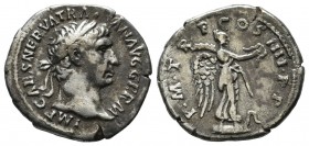 Trajan, AD 98-117. AR Denarius (18mm, 3.07g). Rome. IMP CAES NERVA TRAIAN AVG GERM, laureate head right / P M TR P COS IIII P P, Victory standing righ...