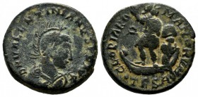 Valentinian II. AD 375-392. Æ (20mm, 5.47g). Thessalonica mint, 1st officina. Struck 383-384 AD. D N VALENTINIANVS P F AVG. Pearl-diademed, helmeted, ...