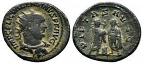 Valerian I. AD.253-260. AR Antoninianus (20mm, 4.28g). IMP C P LIC VALERIANVS P F AVG. Radiate, draped, and cuirassed bust right / PIETAS AVGG. The tw...