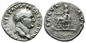 Vespasian, AD 69-79. AR Denarius (18mm, 2.18g). IMP CAES VESP AVG P M COS IIII CEN Laureate head right / SALVS-AVG Salus seated left, holding patera i...