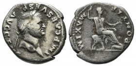 Vespasian, AD 69-79. AR Denarius (19mm, 3.16g). Rome. IMP CAES VESP AVG CEN, laureate head of Vespasian right / PONTIF MAXIM, emperor seated right on ...