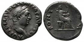 Vitellius, AD 69. AR Denarius (18mm-3.37g). Rome. Struck c.late April-20 December. A VITELLIVS GERM IMP AVG TR P Laureate head of Vitellius to right. ...