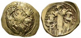 Andronicus II Palaeologus, with Michael IX, AV Hyperpyron (23mm, 4.14g). Constantinople, AD 1295-1320. Bust of the Virgin orans within the city walls ...