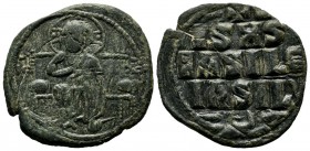 Anonymous Class D, (attributed to Constantine IX), circa AD 1050-1060. AE Follis (28mm, 6.77g). Christ seated in throne, facing, wearing tunic and him...