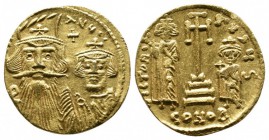 Constans II, 641-668. With Constantinus IV, Heraclius and Tiberius. Solidus (18mm-4.42g), c.662/667, Constantinople. Officina S. Facing busts of Const...