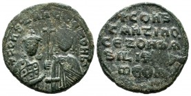 Constantine VII Porphyrogenitus and Zoe, AD.913-959. AE (25mm, 9.11g). Constantinople mint. COnStAnt' CE ZOH b. Crowned busts of Constantine, wearing ...