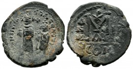 Heraclius, with Heraclius Constantine, AD.610-641. AE Follis-40 Nummia (30mm, 12.90g). Dated RY 5 (614/15). Constantinople mint, 1st officina. Heracli...
