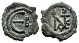 Justin II AD.565-578. AE Pentanummium (15mm, 1.47g). Constantinople mint. IΥΣTINAI KAI ΣO ΦIAΣ; monogram of Justin II and Sophia. / Large Є; B to righ...