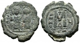 Justin II with Sophia, AD 565-578. AE Follis (30mm, 12.15g). Constantinople mint, 4th officina. Dated RY 5 (569/570). Justin, holding globus cruciger,...