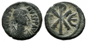 Justinian I. AD.518-527. AE Pentanummium (13mm, 2.09g). Constantinople mint, 3rd officina. D N IVSTI-NVS P P AV. Diademed, draped and cuirassed bust r...