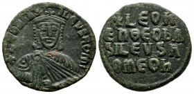 Leo VI the Wise. AD 886-912. Constantinople. AE Follis (23mm, 5.58g). +LEON bAS-ILEVS ROM, crowned bust facing with short beard, wearing chlamys, hold...