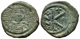 Maurice Tiberius, AD.582-602. AE Half Follis (22mm, 5.13g). Constantinople or Cyzicus mint, 1st officina. Dated RY 1 (582/3). Crowned and cuirassed bu...