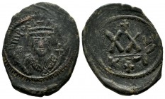 Phocas. 602-610. Æ Half Follis – 20 Nummi (27mm, 5.57g). Cyzicus mint, 1st officina. Dated RY 2 (603/4). Crowned bust facing, wearing consular robes, ...