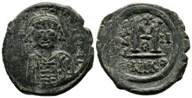 Tiberius II Constantine. AD 578-582. AE Follis (28mm, 12.19g). Nicomedia. Dated RY 4 or 5. Crowned and cuirassed bust facing, holding globus cruciger ...