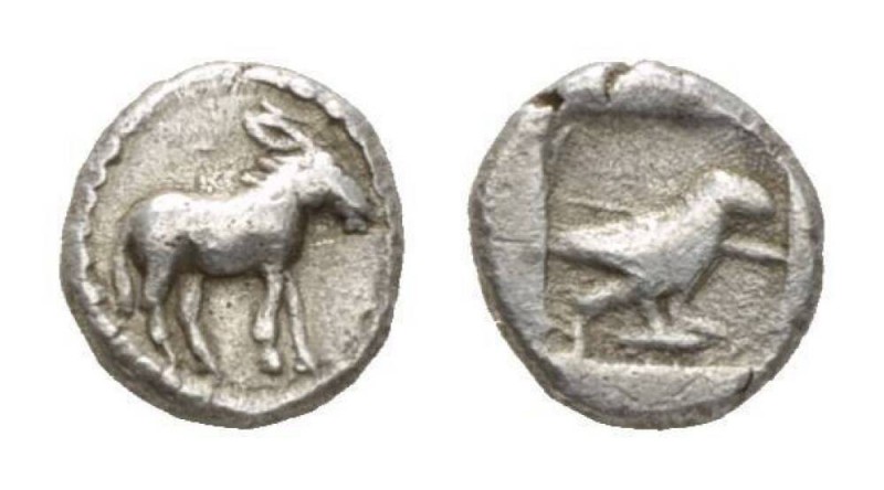 Macedonia, Mende Tritartemorion 460-423, AR 8mm., 0.70g. Mule standing r. Rev. C...