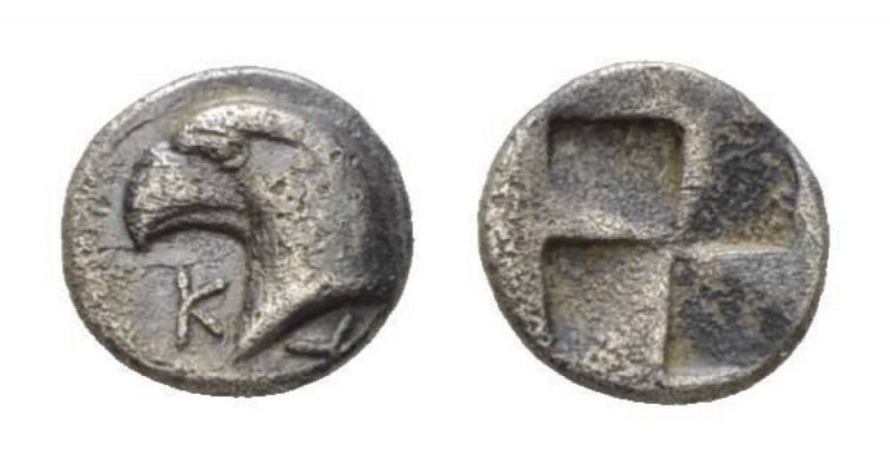 Aeolis, Kyme Hemiobol Circa 450-400 BC., AR 8mm., 0.49g. Head of eagle l.; K to ...