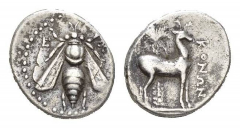 Ionia, Ephesus Drachm circa 202-150, AR 17mm., 4.02g. Bee, E-Φ. Rev. KONΩN Stag ...