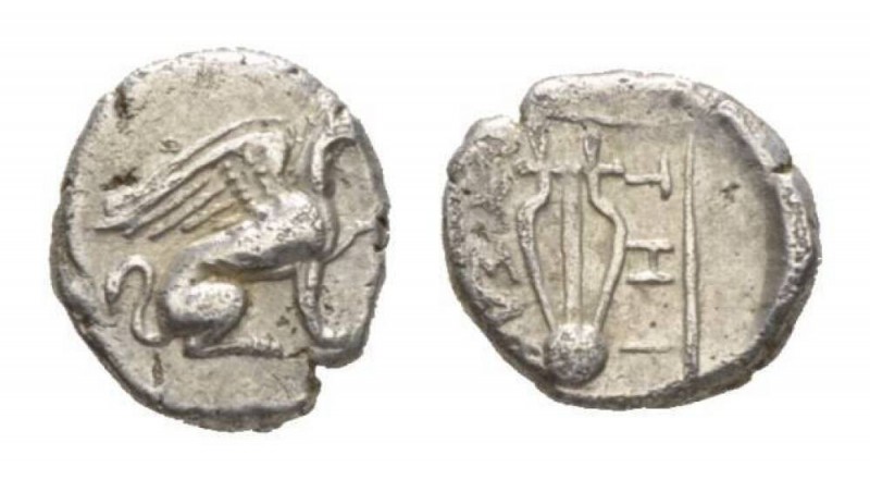 Ionia, Teos Diobol Circa 320-294 BC., AR 10mm., 1.04g. Griffin seated r., forepa...