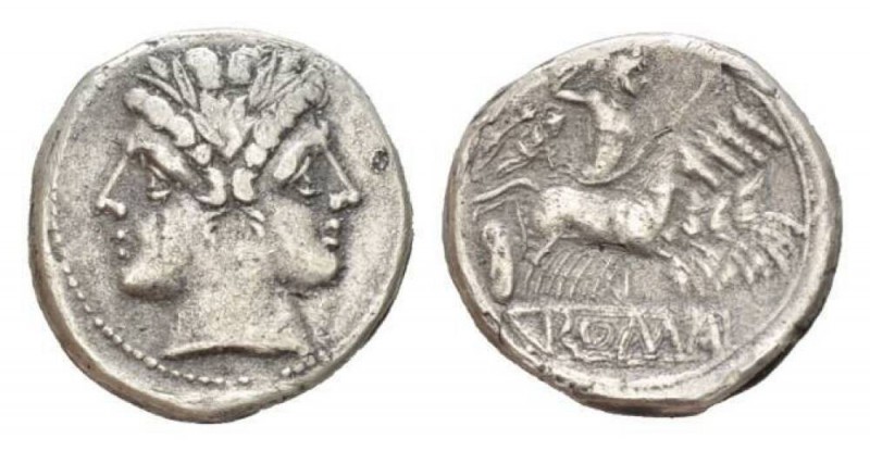 Quadrigatus circa 225-214, AR 20.5mm., 6.47g. Laureate Janiform head of Dioscuri...