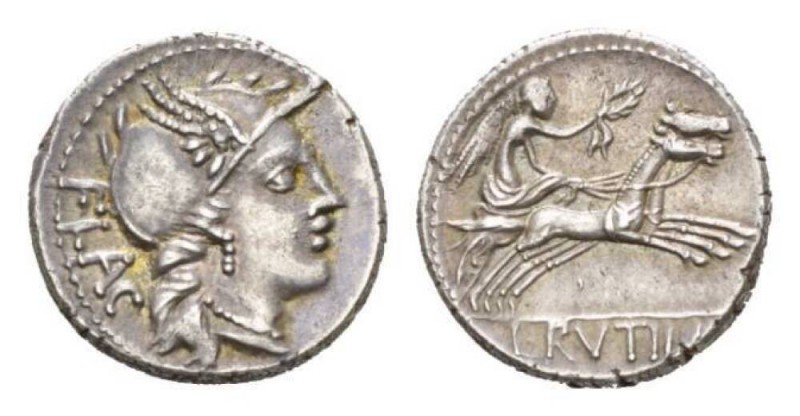 L. Rutilius Flaccus. Denarius circa 77, AR 18.5mm., 3.81g. FLAC Helmeted head of...