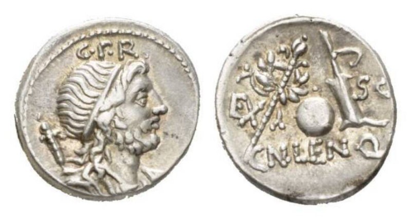 Cn. Cornelius Lentulus Denarius circa Denarius, Spain , AR 19mm., 3.92g. Draped ...