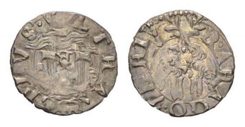 Charles V Habsburg cinquina Napoli, AR 15.5mm., 0.6g. Two columns, each entwined...