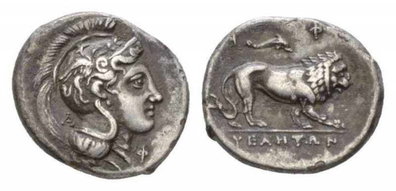 Lucania, Velia Nomos circa 300-280, AR 21.5mm., 7.21g. Head of Athena r., wearin...