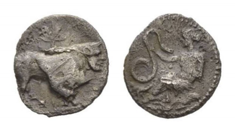 Sicily, Selinus Litra circa 400, AR 10mm., 0.67g. Nymph seated left on rock, tou...