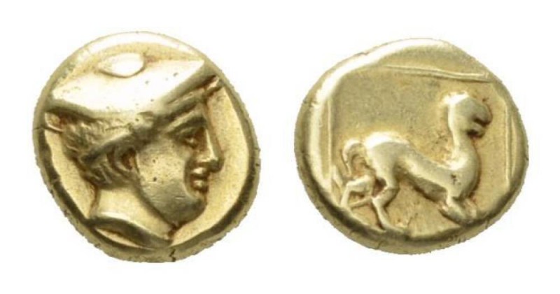 Lesbos, Mytilene Hecte circa 377-326, EL 10.5mm., 2.53g. Head of Hermes right, w...