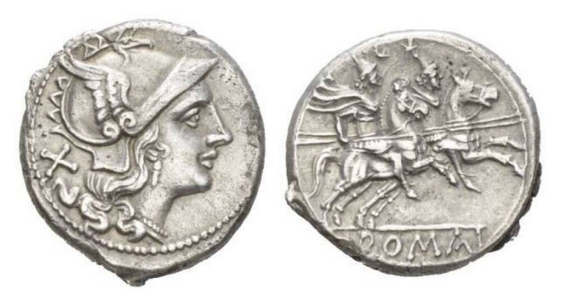 Denarius circa after 211, AR 18.5mm., 4.55g. Helmeted head of Roma r.; behind, X...