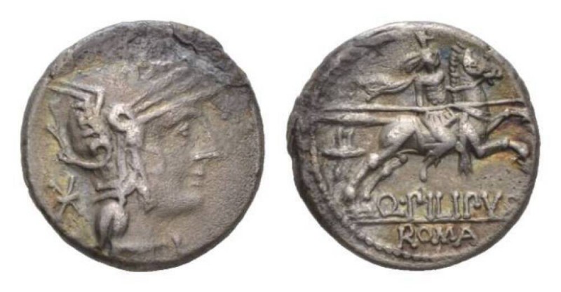 Q. Marcius Philippus. Denarius circa 129, AR 17mm., 3.73g. Helmeted of Roma r., ...