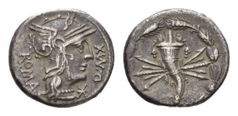 Q. Max. Denarius circa 127, AR 18mm., 3.89g. Helmeted head of Roma r.; below chi...