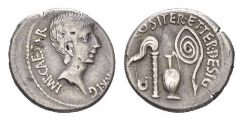 Octavianus. Denarius (plated) circa mint moving with Octavian 37, AR 18.5mm., 3....