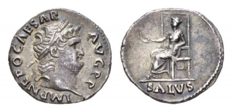 Nero, 54-68 Denarius circa 67-68, AR 18.5mm., 3.15g. IMP NERO CAESAR AVG P P Lau...