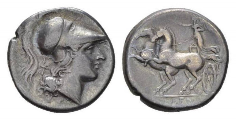 Campania, Caleno Didrachm Circa 265-240, AR 23mm., 7.12g. Helmeted head of Miner...