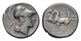 Campania, Caleno Didrachm Circa 265-240, AR 23mm., 7.12g. Helmeted head of Minerva r.; behind neck-guard, trident. Rev. Victory in prancing biga l. In...
