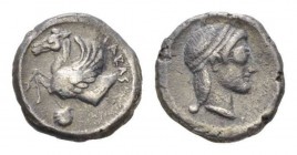 Calabria, Tarentum Drachm Circa 470-450, AR 15.5mm., 3.63g. TARAS Fore-part of hippocamp l.; below, shell. Rev. Female head r. Vlasto 161. SNG Cop. 78...