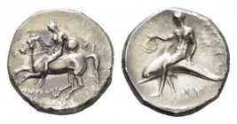 Calabria, Tarentum Nomos Circa 280, AR 22mm., 7.77g. Nude youth, holding shield, on horse rearing left; in right fiald, ΣI; below ΦIΛOKΛHΣ. Rev. Phala...