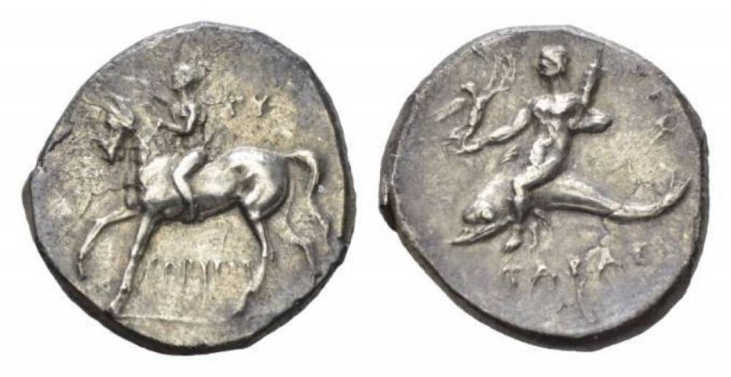 Calabria, Tarentum Nomos Circa 272-240, AR 22.5mm., 6.59g. Naked boy-jockey crow...