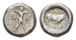 Lucania, Poseidonia Nomos Circa 470-455, AR 18mm., 8.05g. ΠOMEΣ Bearded Poseidon, naked but for the chlamys over shoulders, walking r., brandishing tr...